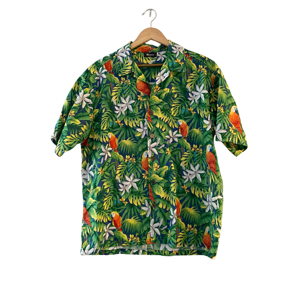 Reebesse Size L/XL Mens Tropical Hawaiian Aloha Button Shirt Floral‎ Bird USA